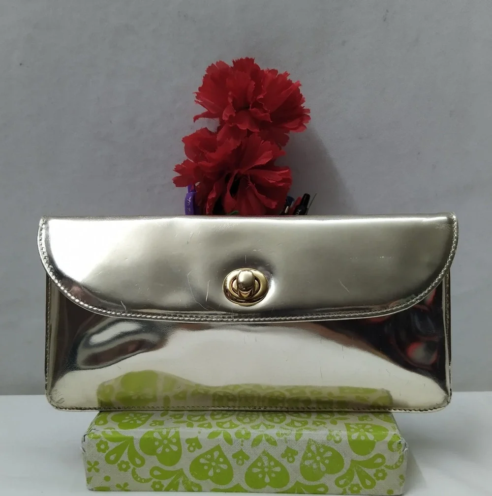 HOBO International Metallic Gold Leather Turnlock Closure Credit Card Wallet